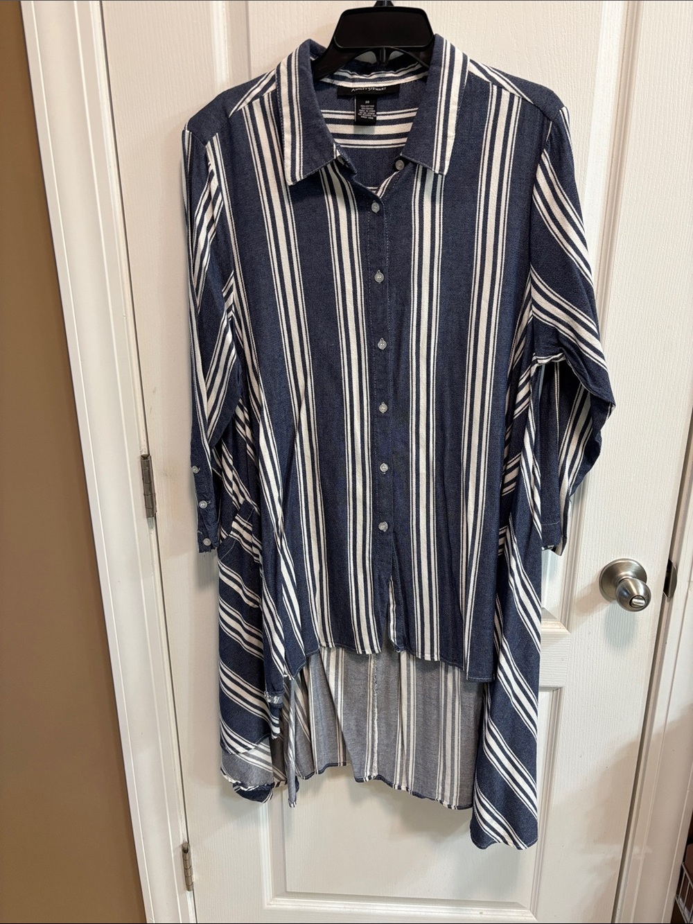 Ashley Stewart Navy & White Asymmetrical Striped Button-Up Tunic